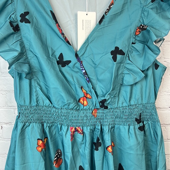 BloomChic Teal Butterfly Print Ruffle Sleeve Surplice Dress Size 12 Large - Picture 4 of 6